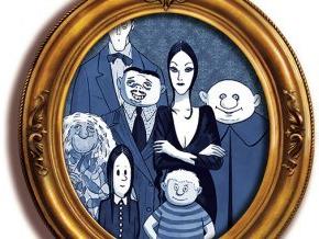 A round gold frame surrounds a portrait of the cartoon Addams Family 